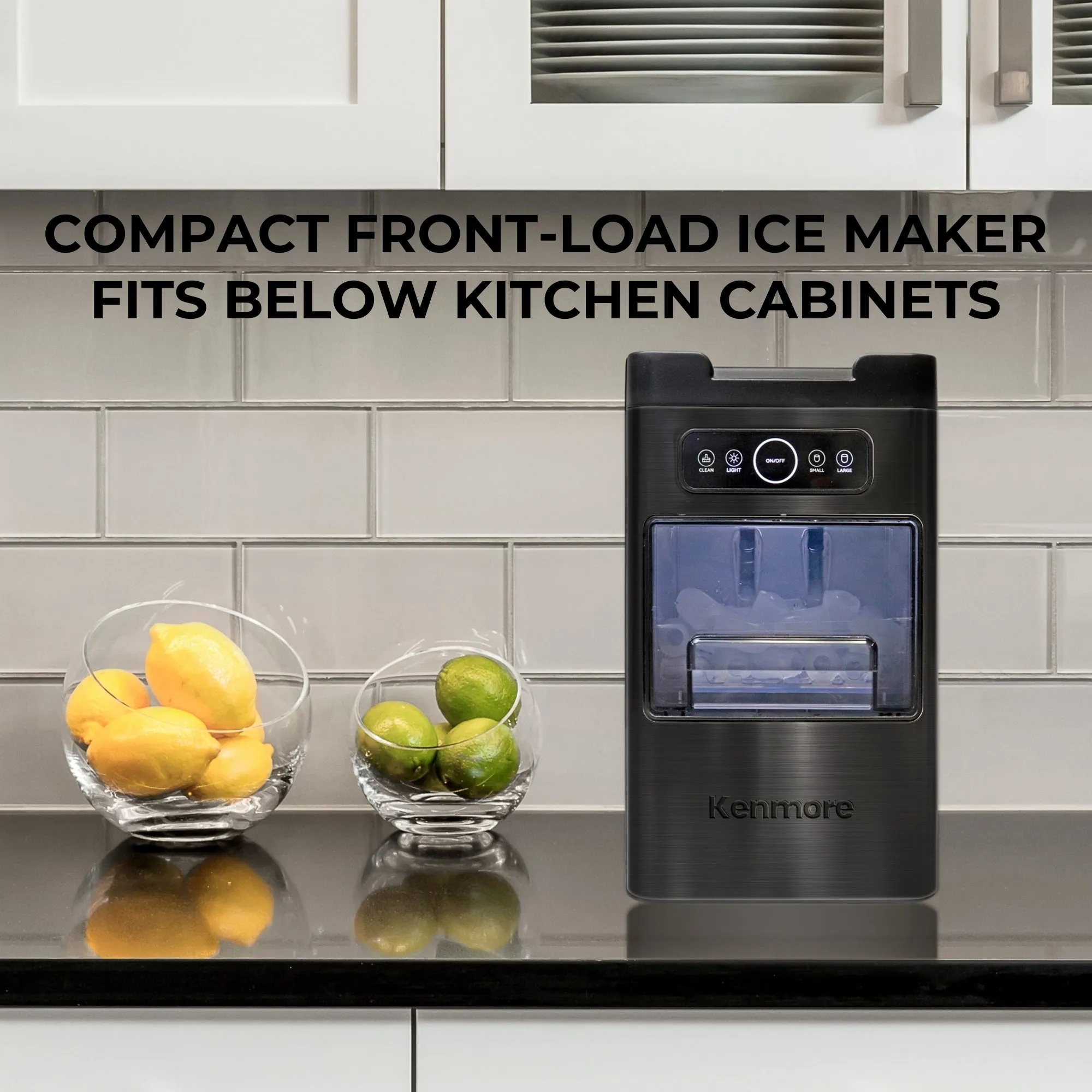 Kenmore Front-Load Countertop Ice Maker | Fits Under Cabinets | 26lb/24hrs & 9 Ice Cubes In 6 Min | Large Or Small Ice Pellets | One-Touch Self-Clean | Portable Ice Machine | Stainless Steel