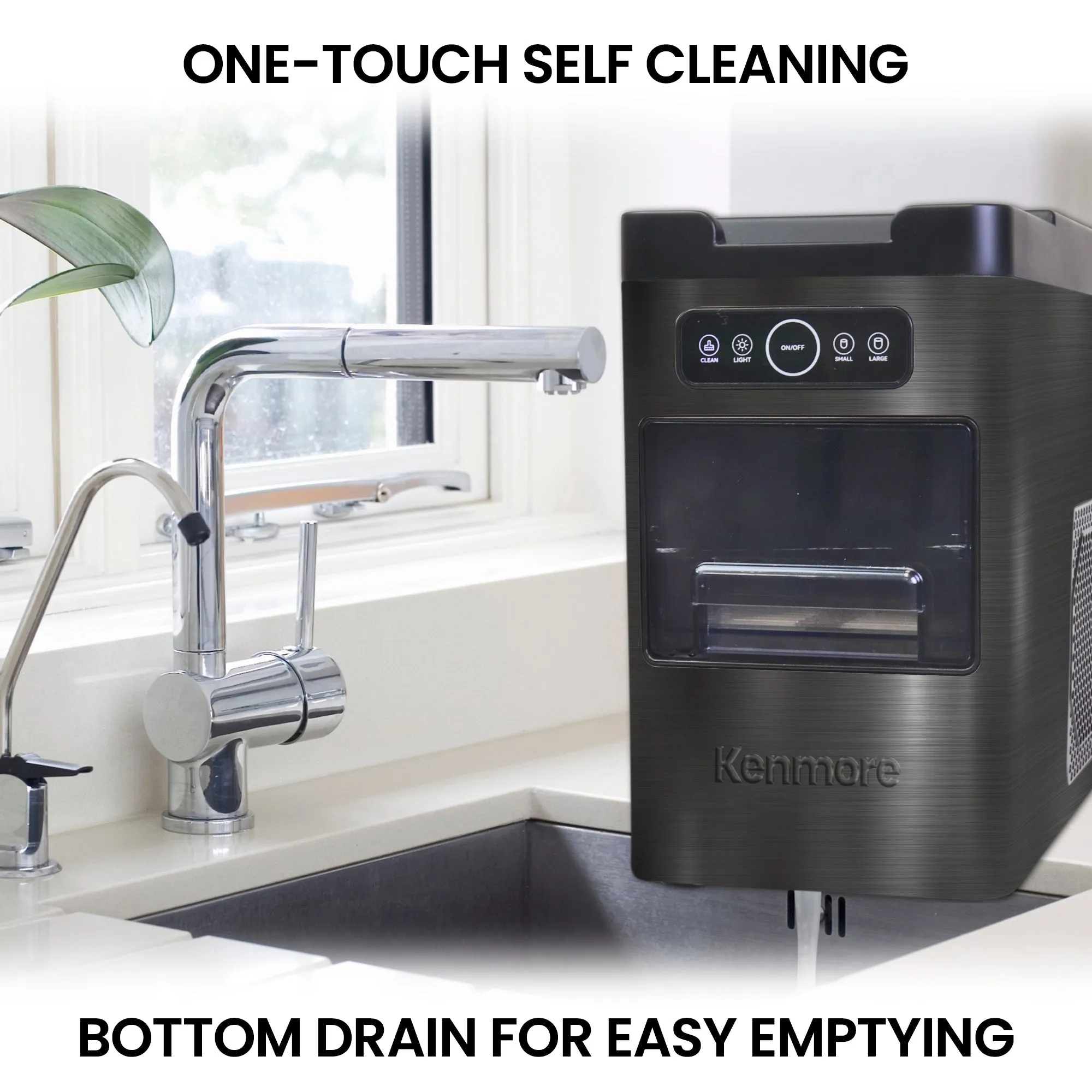 Kenmore Front-Load Countertop Ice Maker | Fits Under Cabinets | 26lb/24hrs & 9 Ice Cubes In 6 Min | Large Or Small Ice Pellets | One-Touch Self-Clean | Portable Ice Machine | Stainless Steel