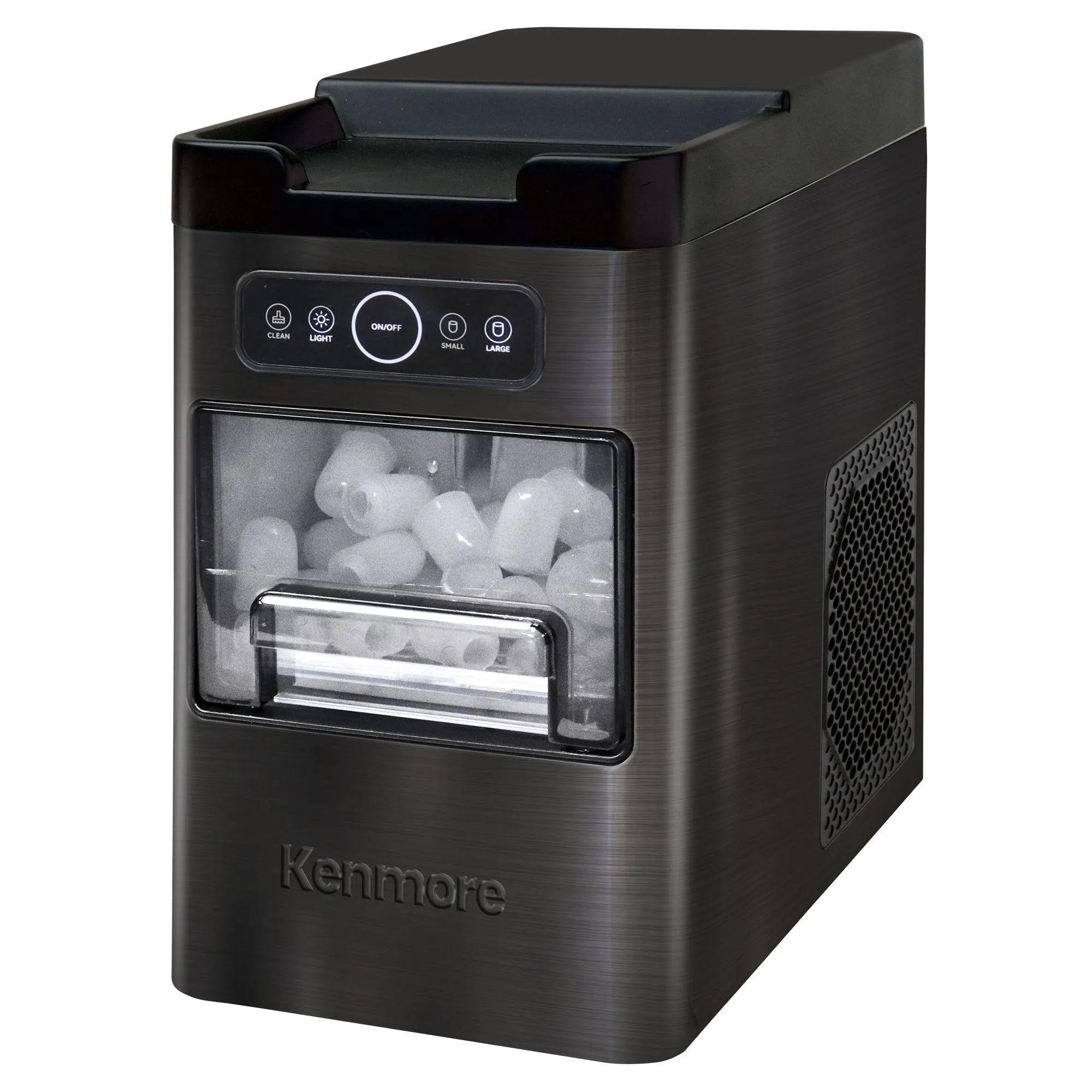 Kenmore Front-Load Countertop Ice Maker | Fits Under Cabinets | 26lb/24hrs & 9 Ice Cubes In 6 Min | Large Or Small Ice Pellets | One-Touch Self-Clean | Portable Ice Machine | Stainless Steel