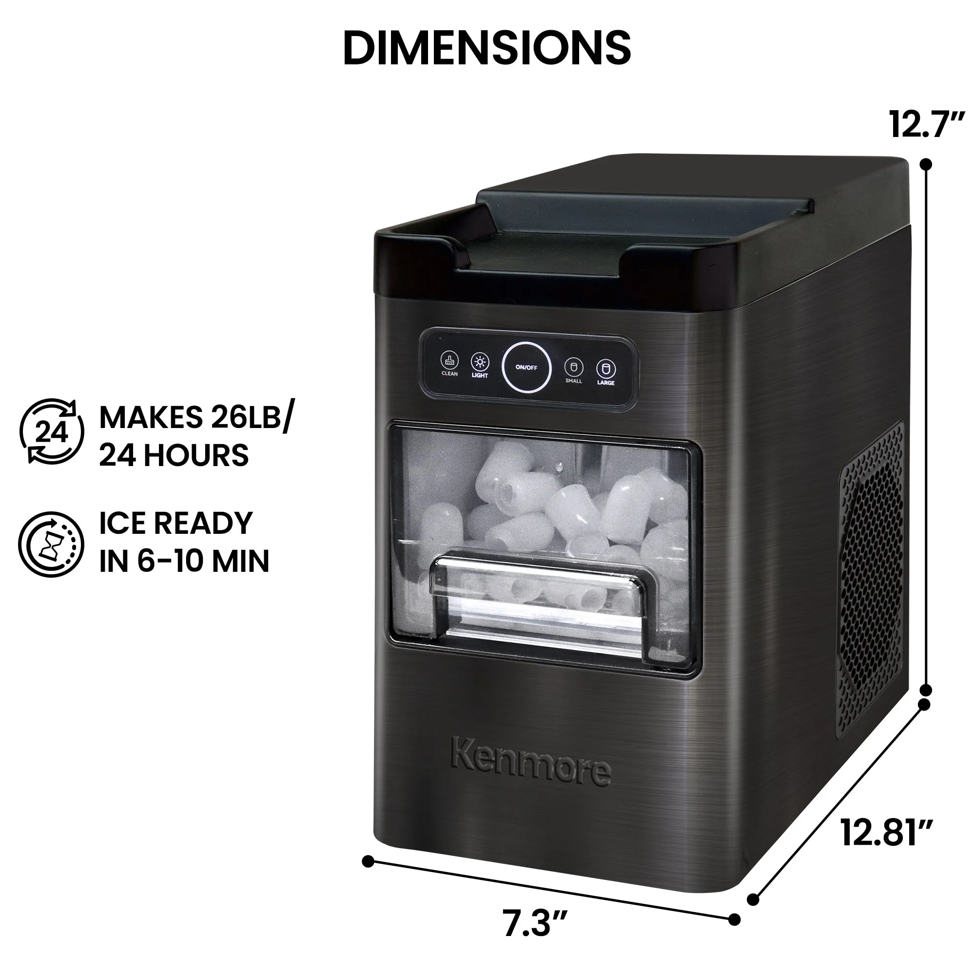Kenmore Front-Load Countertop Ice Maker | Fits Under Cabinets | 26lb/24hrs & 9 Ice Cubes In 6 Min | Large Or Small Ice Pellets | One-Touch Self-Clean | Portable Ice Machine | Stainless Steel