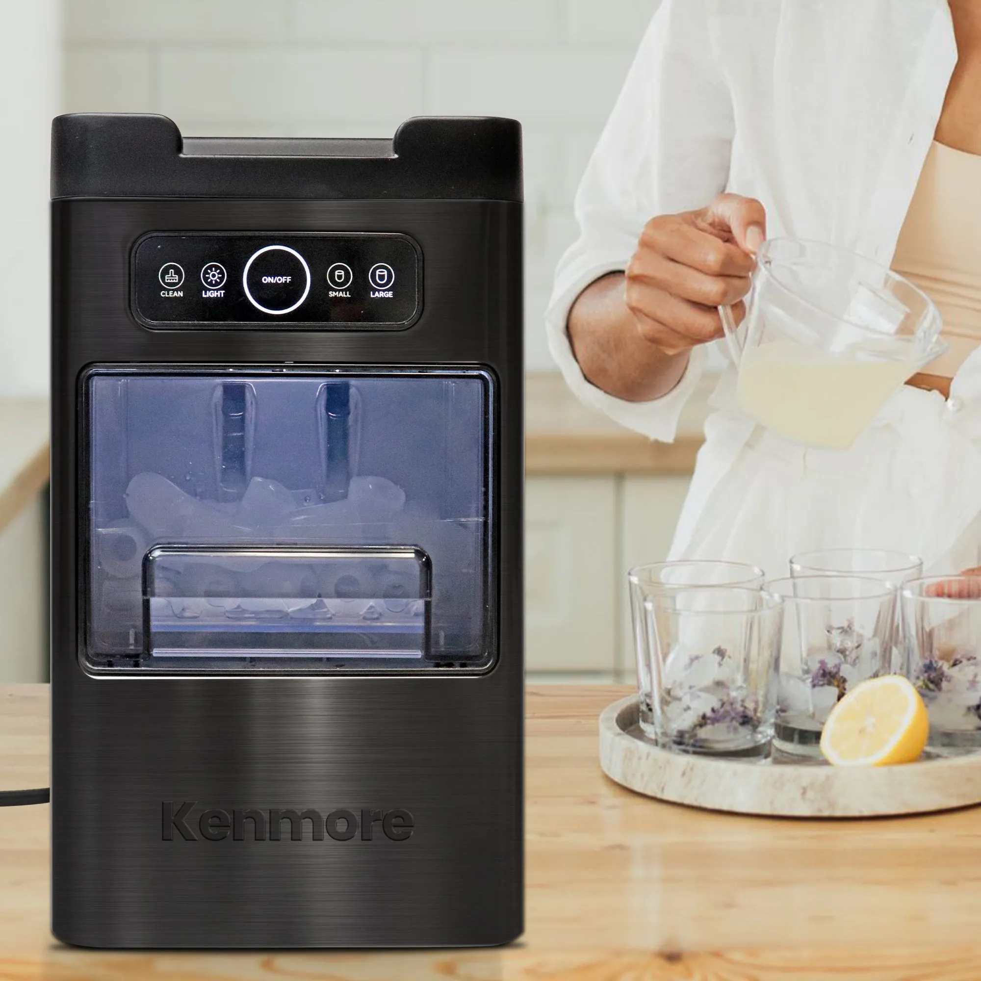 Kenmore Front-Load Countertop Ice Maker | Fits Under Cabinets | 26lb/24hrs & 9 Ice Cubes In 6 Min | Large Or Small Ice Pellets | One-Touch Self-Clean | Portable Ice Machine | Stainless Steel