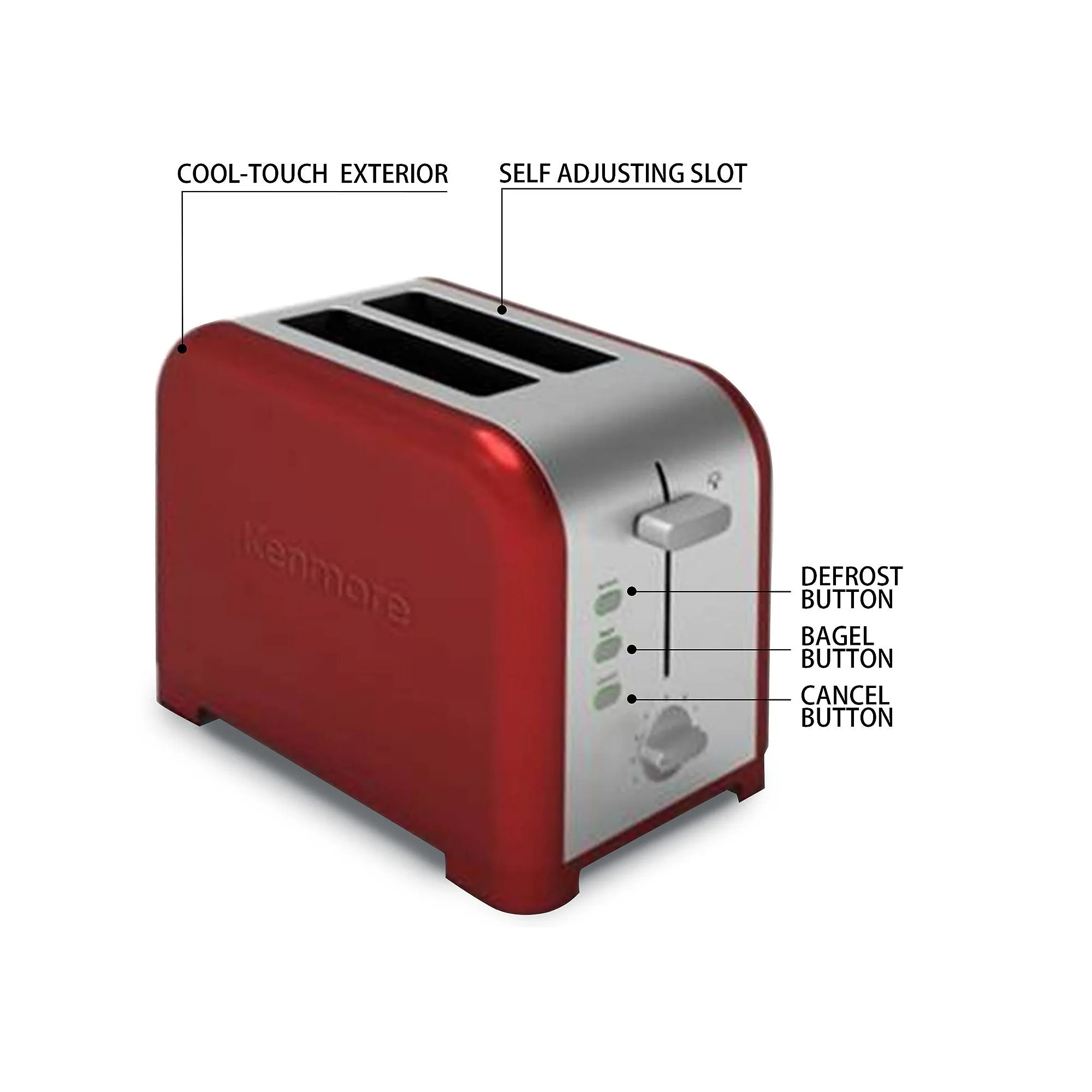 Kenmore KKTS2SR 2-Slice Stainless Steel Toaster, Red/Silver