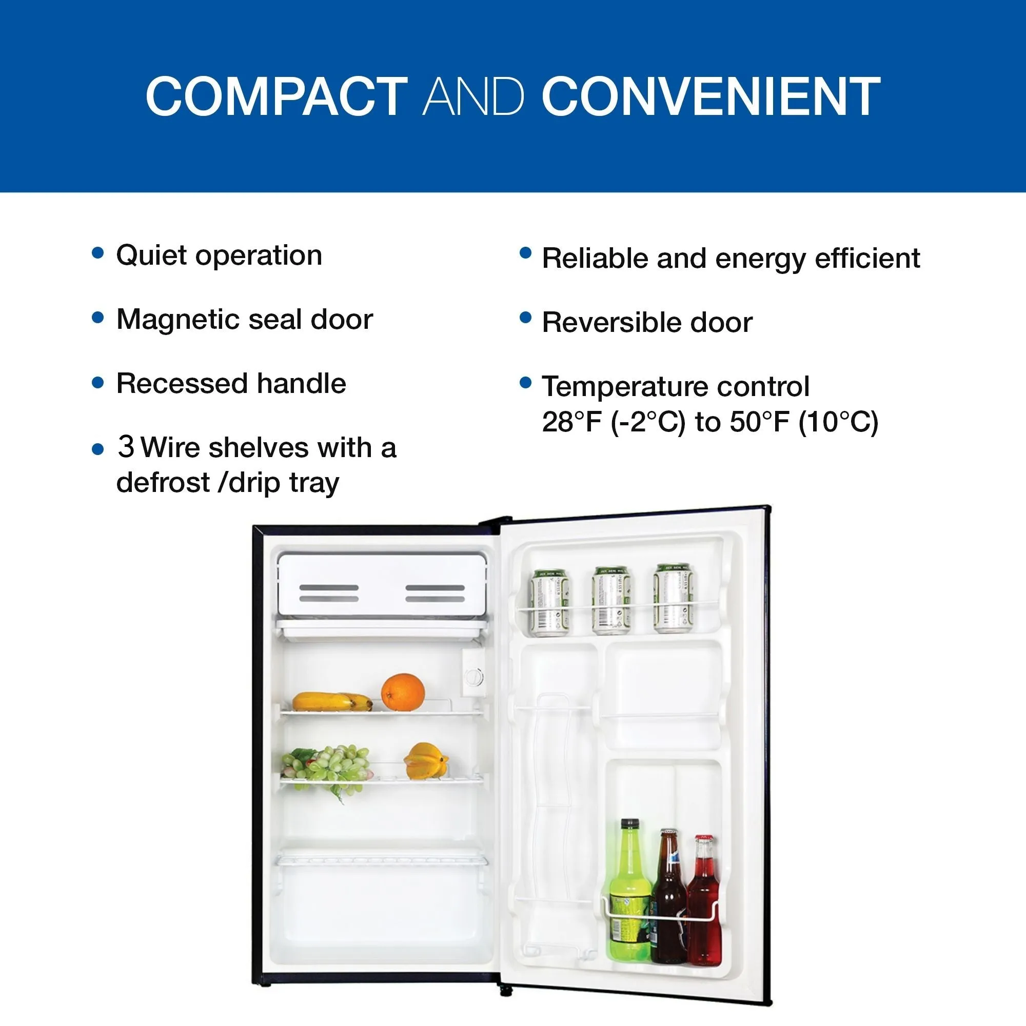Koolatron Compact Fridge w/ Freezer, 3.2 cu ft (91L), Black, Space-Saving Flat Back Design, Reversible Door, Full-Width Freezer, Snacks, Beverages, Beer, Den, Dorm, Office, Rec Room, Home Bar