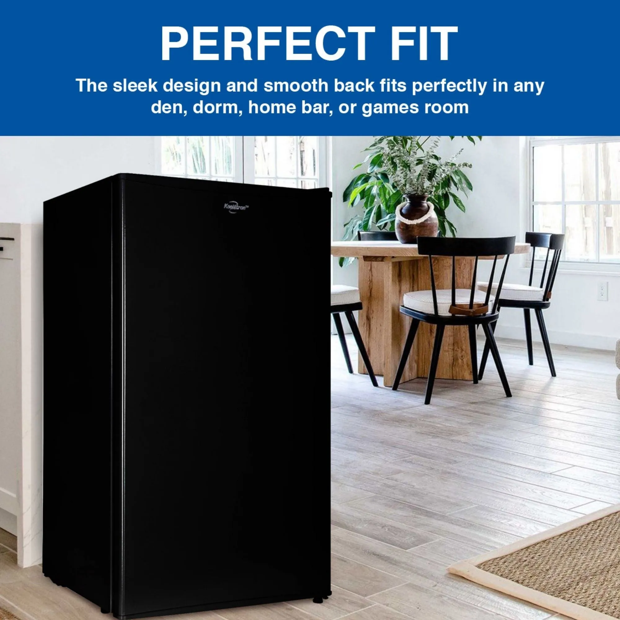 Koolatron Compact Fridge w/ Freezer, 3.2 cu ft (91L), Black, Space-Saving Flat Back Design, Reversible Door, Full-Width Freezer, Snacks, Beverages, Beer, Den, Dorm, Office, Rec Room, Home Bar