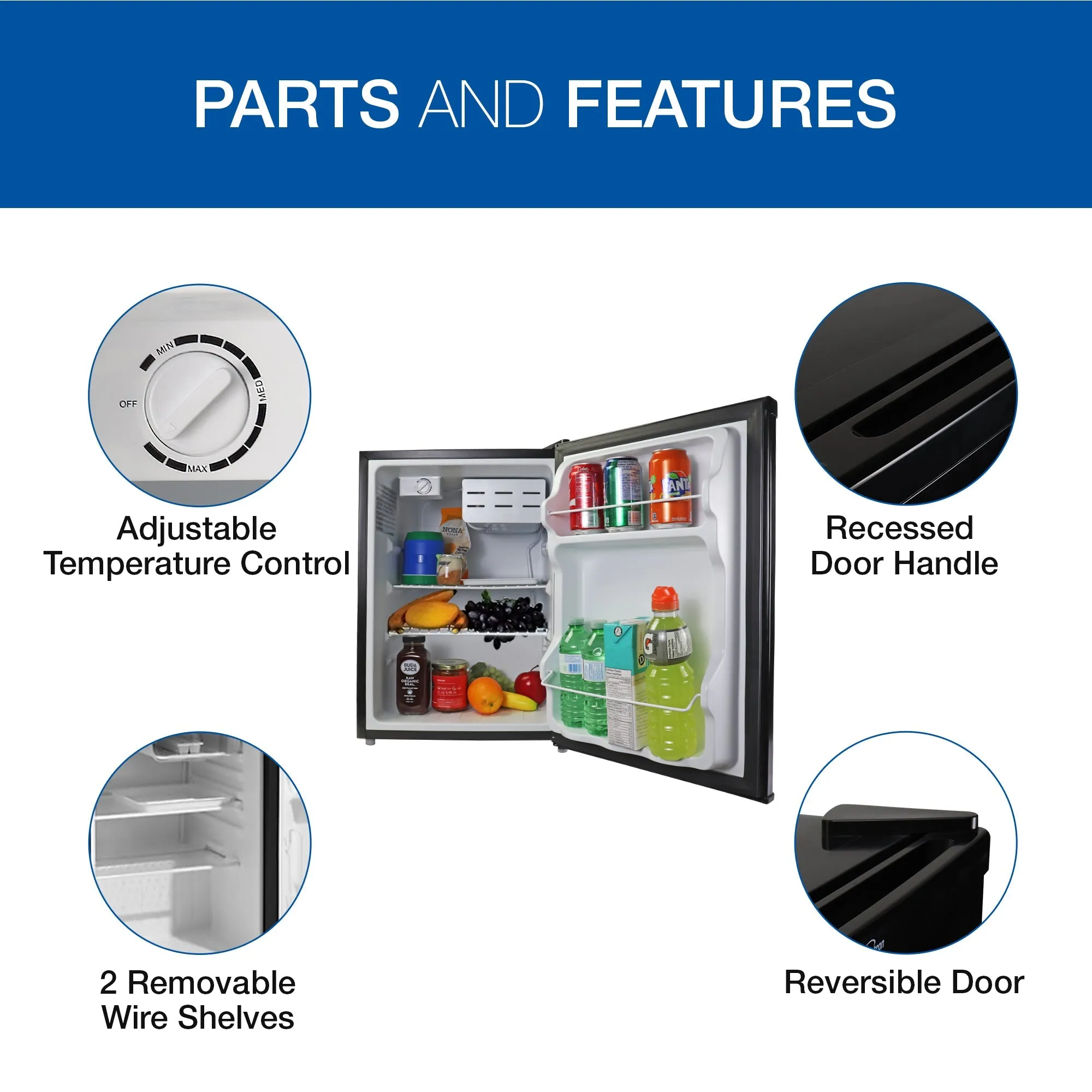 Koolatron Compact Fridge with Freezer, 2.56 cu ft (70L), Black, Space-Saving Flat Back, Reversible Door, for Snacks, Frozen Meals, Beverages, Beer, Den, Dorm, Office, Rec Room, Home Bar