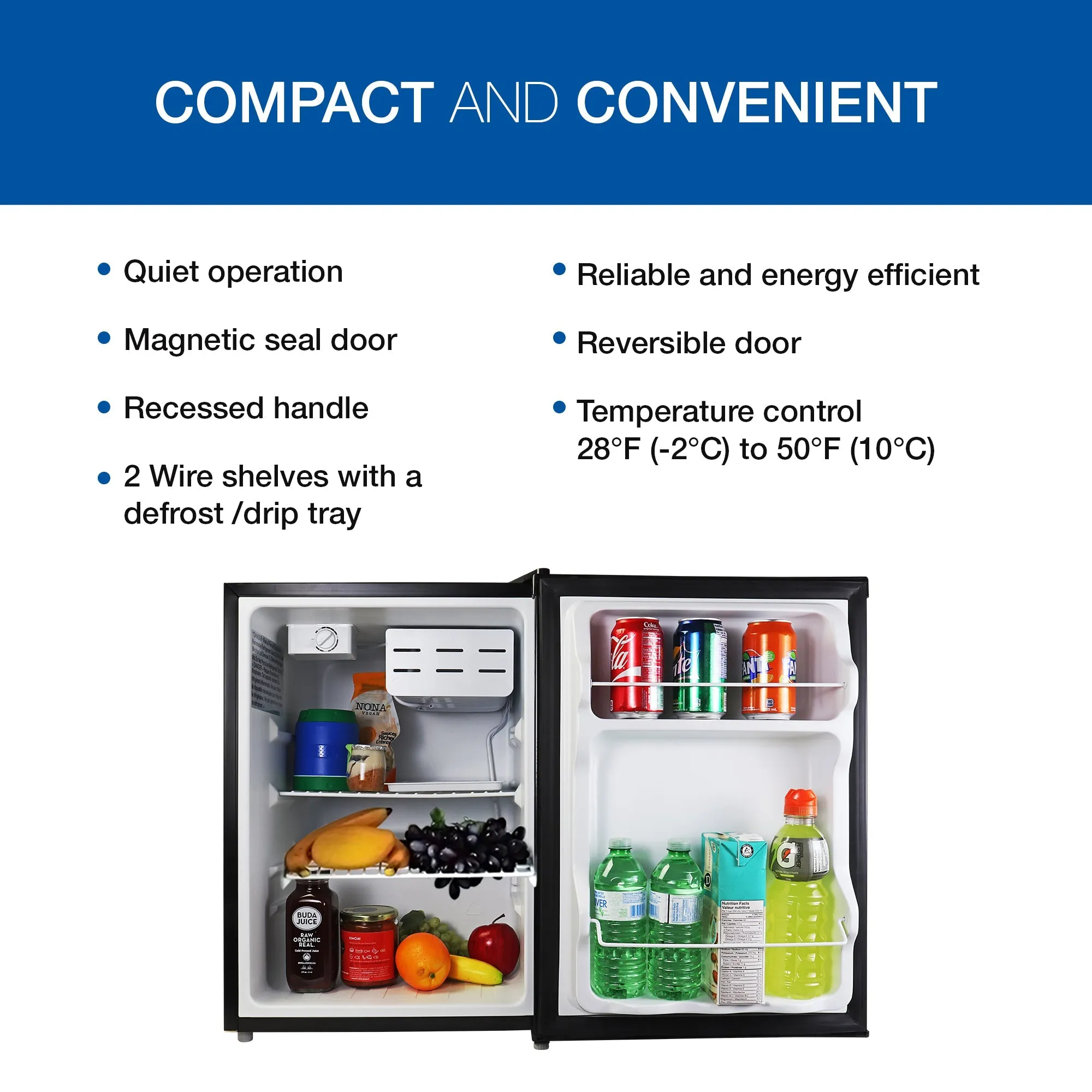 Koolatron Compact Fridge with Freezer, 2.56 cu ft (70L), Black, Space-Saving Flat Back, Reversible Door, for Snacks, Frozen Meals, Beverages, Beer, Den, Dorm, Office, Rec Room, Home Bar