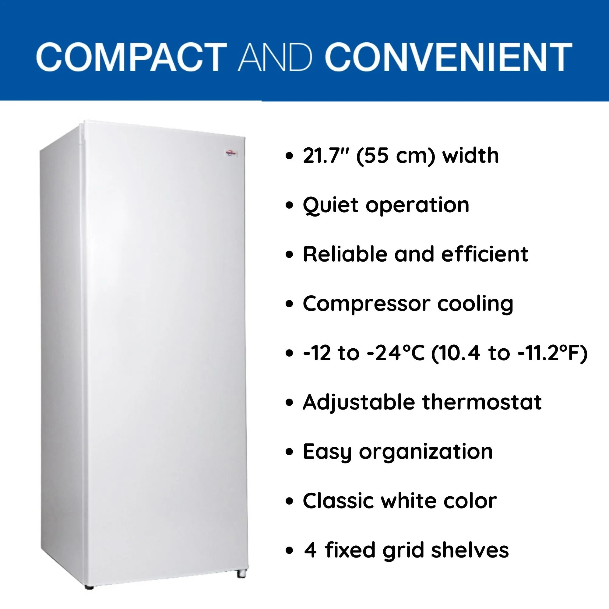 Koolatron Compact Upright Freezer, 5.3 cu ft (150L), White, Energy-Efficient Manual Defrost Design, Space-Saving Flat Back, Reversible Door, for Home, Apartment, Condo, Cottage
