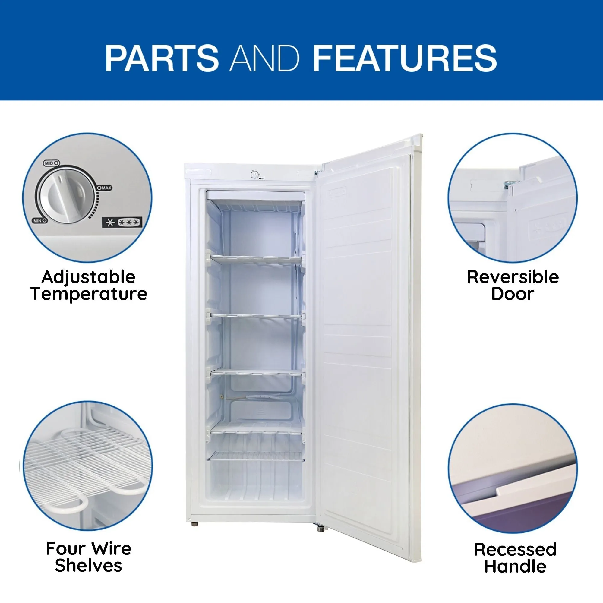 Koolatron Compact Upright Freezer, 5.3 cu ft (150L), White, Energy-Efficient Manual Defrost Design, Space-Saving Flat Back, Reversible Door, for Home, Apartment, Condo, Cottage