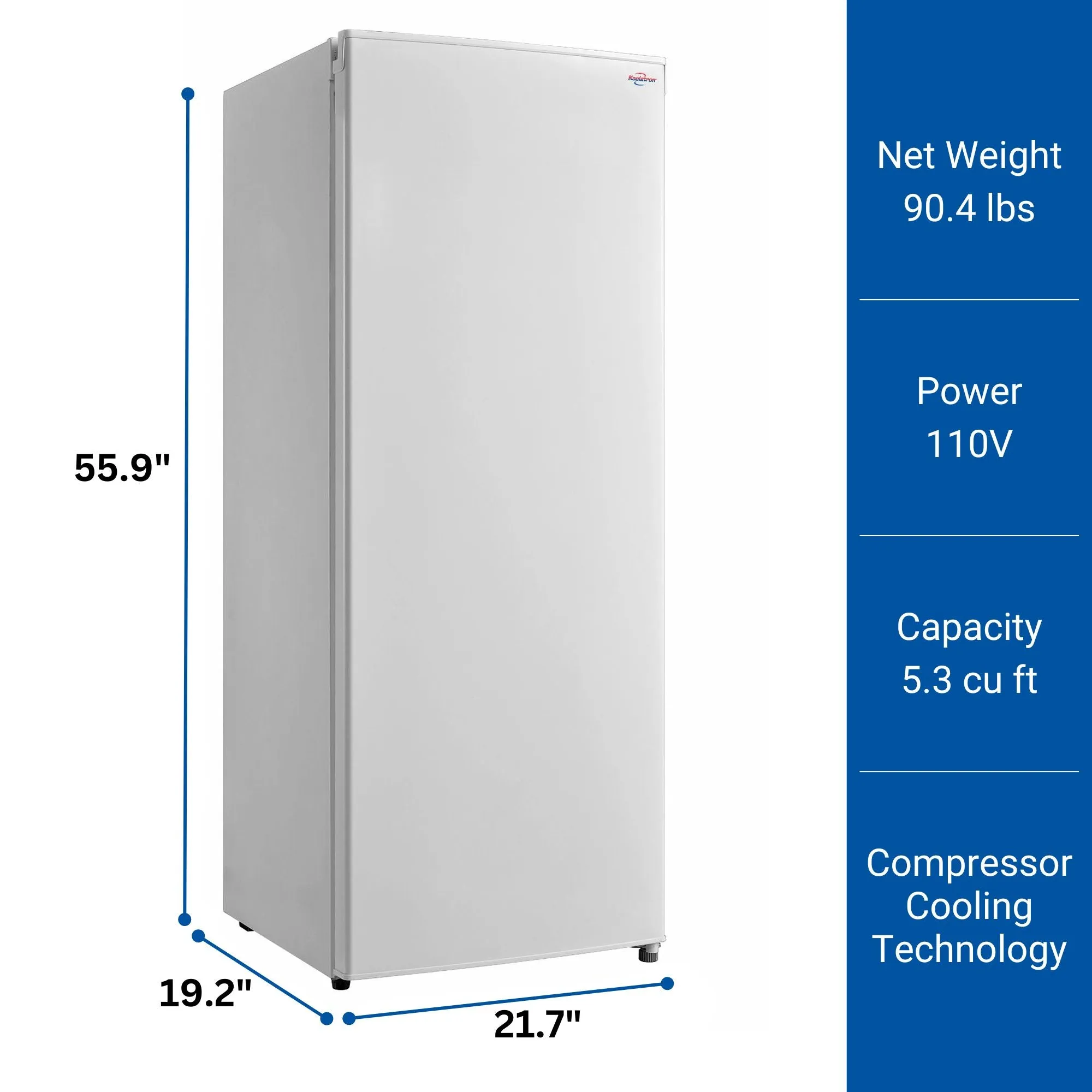 Koolatron Compact Upright Freezer, 5.3 cu ft (150L), White, Energy-Efficient Manual Defrost Design, Space-Saving Flat Back, Reversible Door, for Home, Apartment, Condo, Cottage
