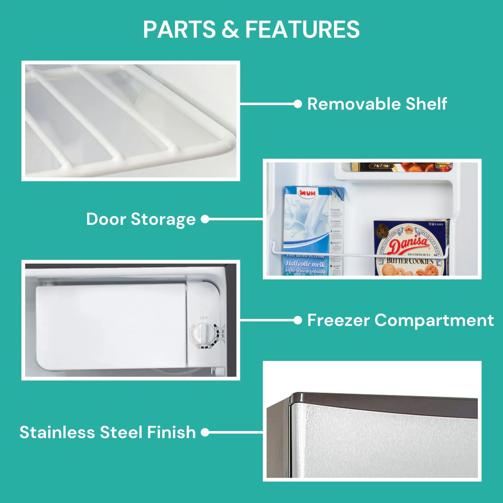 Koolatron Stainless Steel Compact Fridge With Freezer 1.6 cu ft (44L) Silver & Black | Flat Back Reversible Door | For Snacks, Frozen Meals, Beverages, Beer, Den, Dorm, Office, Rec Room, Home Bar