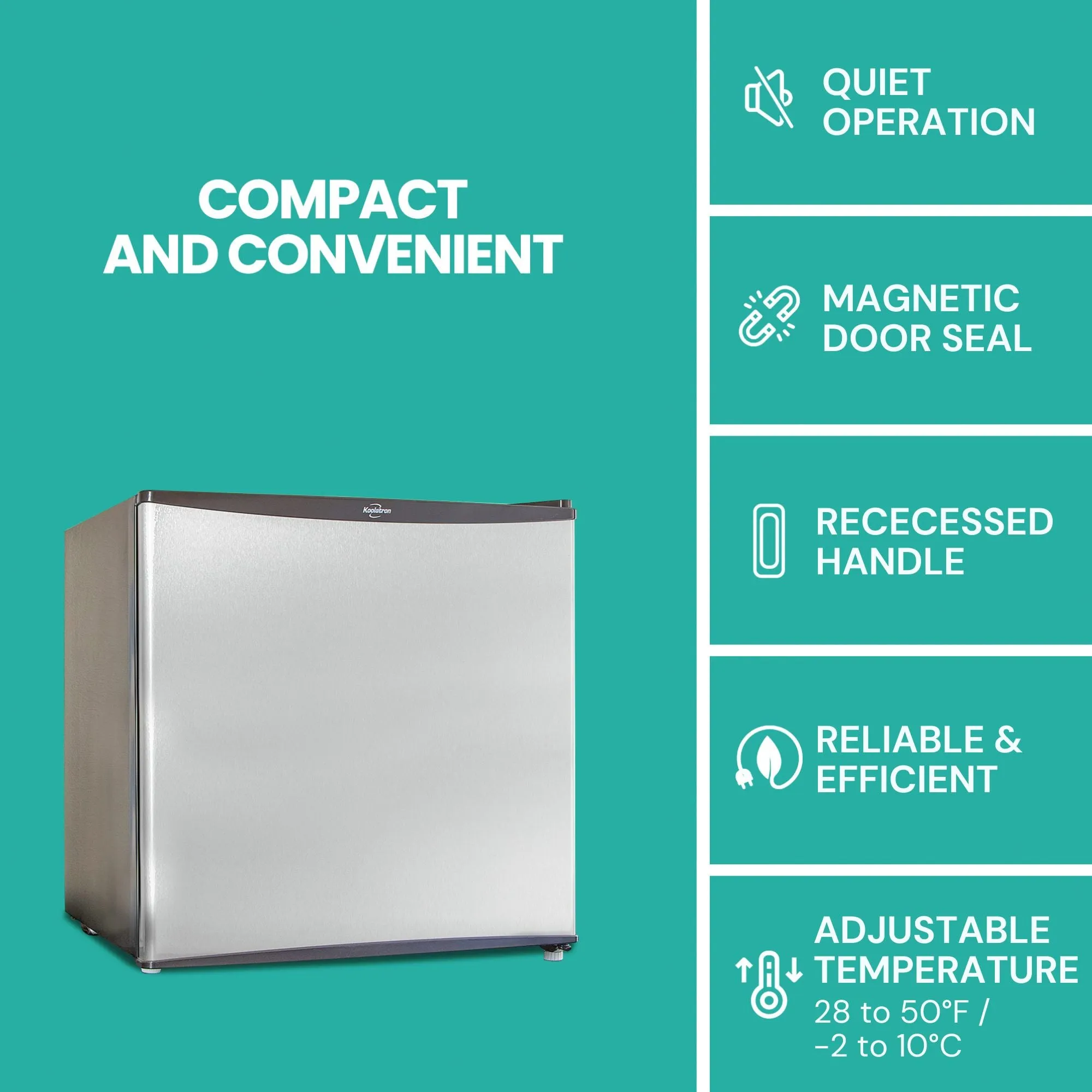 Koolatron Stainless Steel Compact Fridge With Freezer 1.6 cu ft (44L) Silver & Black | Flat Back Reversible Door | For Snacks, Frozen Meals, Beverages, Beer, Den, Dorm, Office, Rec Room, Home Bar