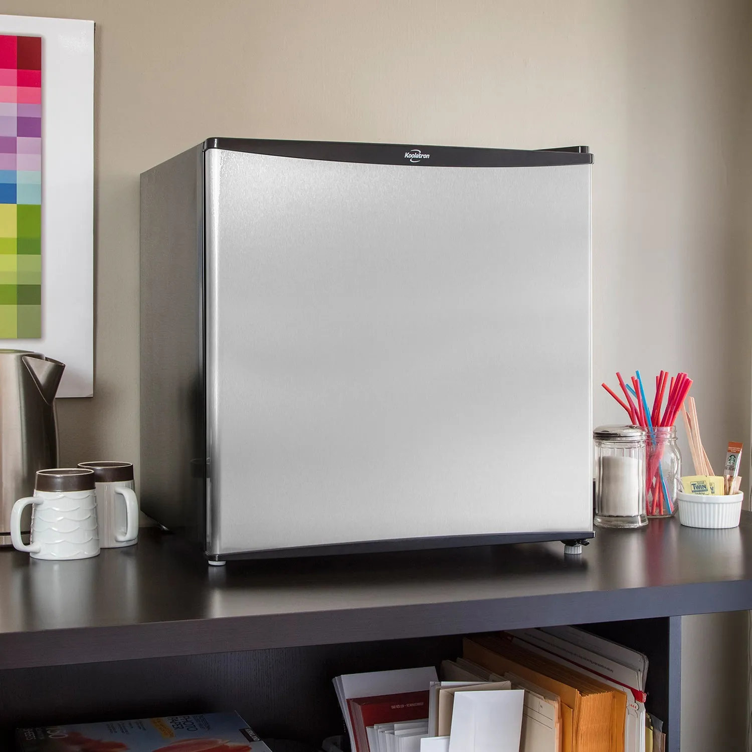 Koolatron Stainless Steel Compact Fridge With Freezer 1.6 cu ft (44L) Silver & Black | Flat Back Reversible Door | For Snacks, Frozen Meals, Beverages, Beer, Den, Dorm, Office, Rec Room, Home Bar