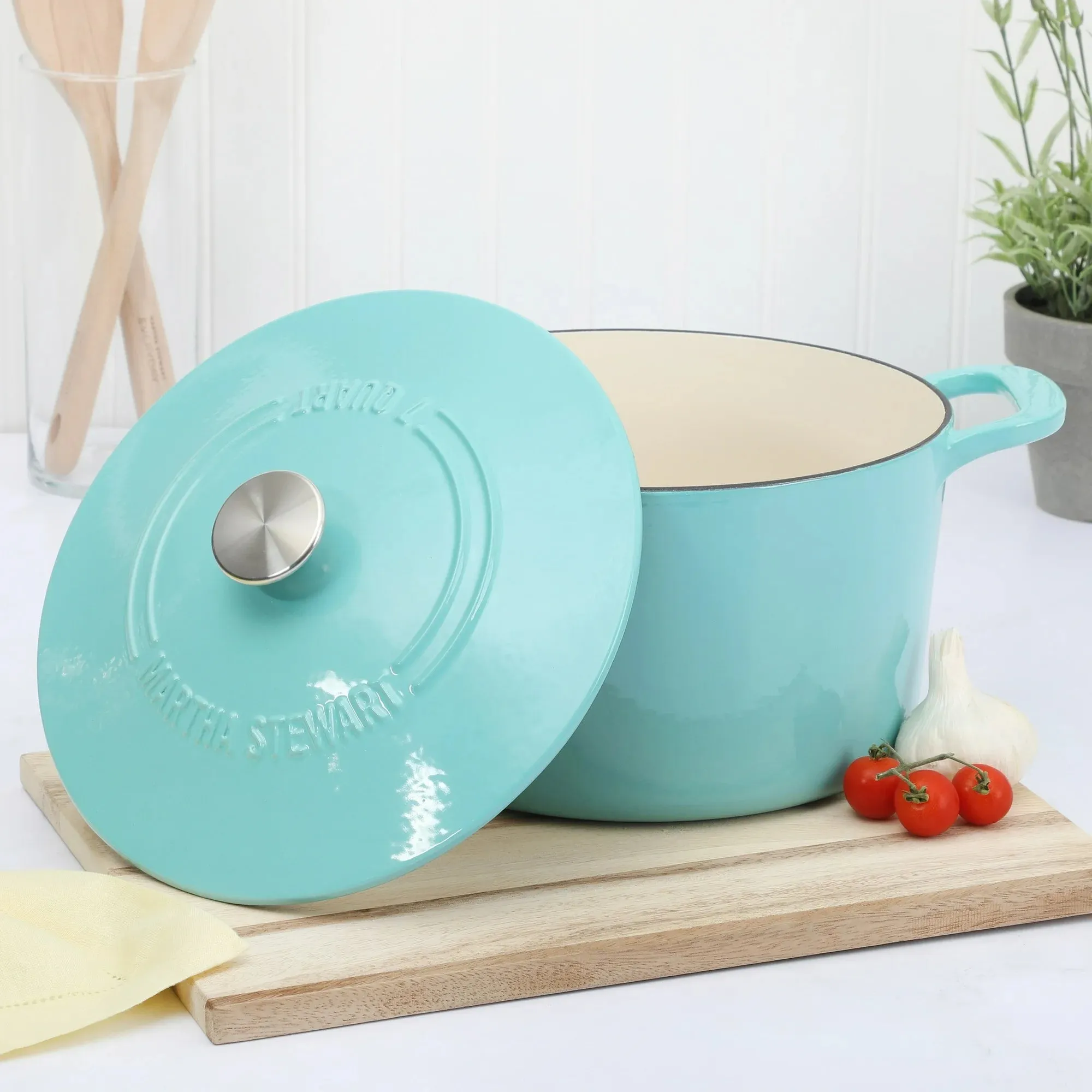 Martha Stewart 139789.02R Everyday Eastwick 7-Quart Teal Enamel Cast Iron Dutch Oven