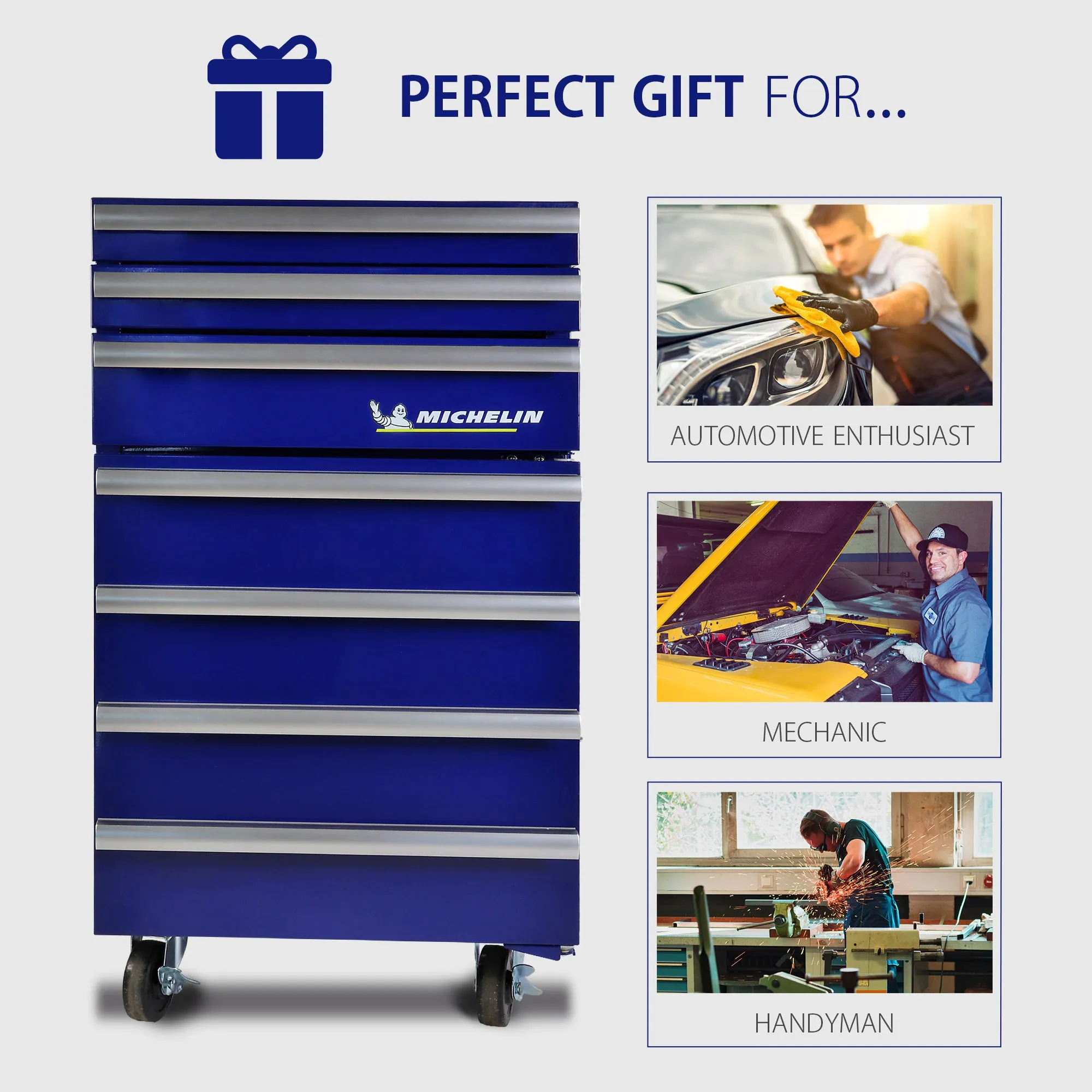 Michelin Tool Chest Fridge, 1.8 cu ft (50L), Rolling Compact Refrigerator w/ Built-In Tool Storage Drawers, Heavy-Duty Locking Swivel Wheels, Licensed Michelin Graphics, Blue
