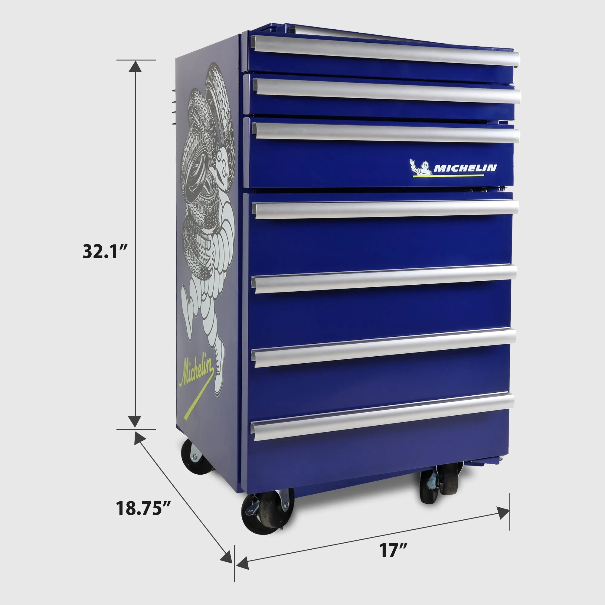 Michelin Tool Chest Fridge, 1.8 cu ft (50L), Rolling Compact Refrigerator w/ Built-In Tool Storage Drawers, Heavy-Duty Locking Swivel Wheels, Licensed Michelin Graphics, Blue