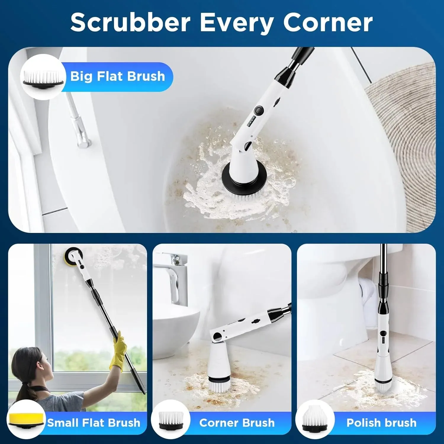 Movsou Spin Scurbber 01 Electric Bathroom Spin Scrubber with Extendable Handle & 4 Brush Heads