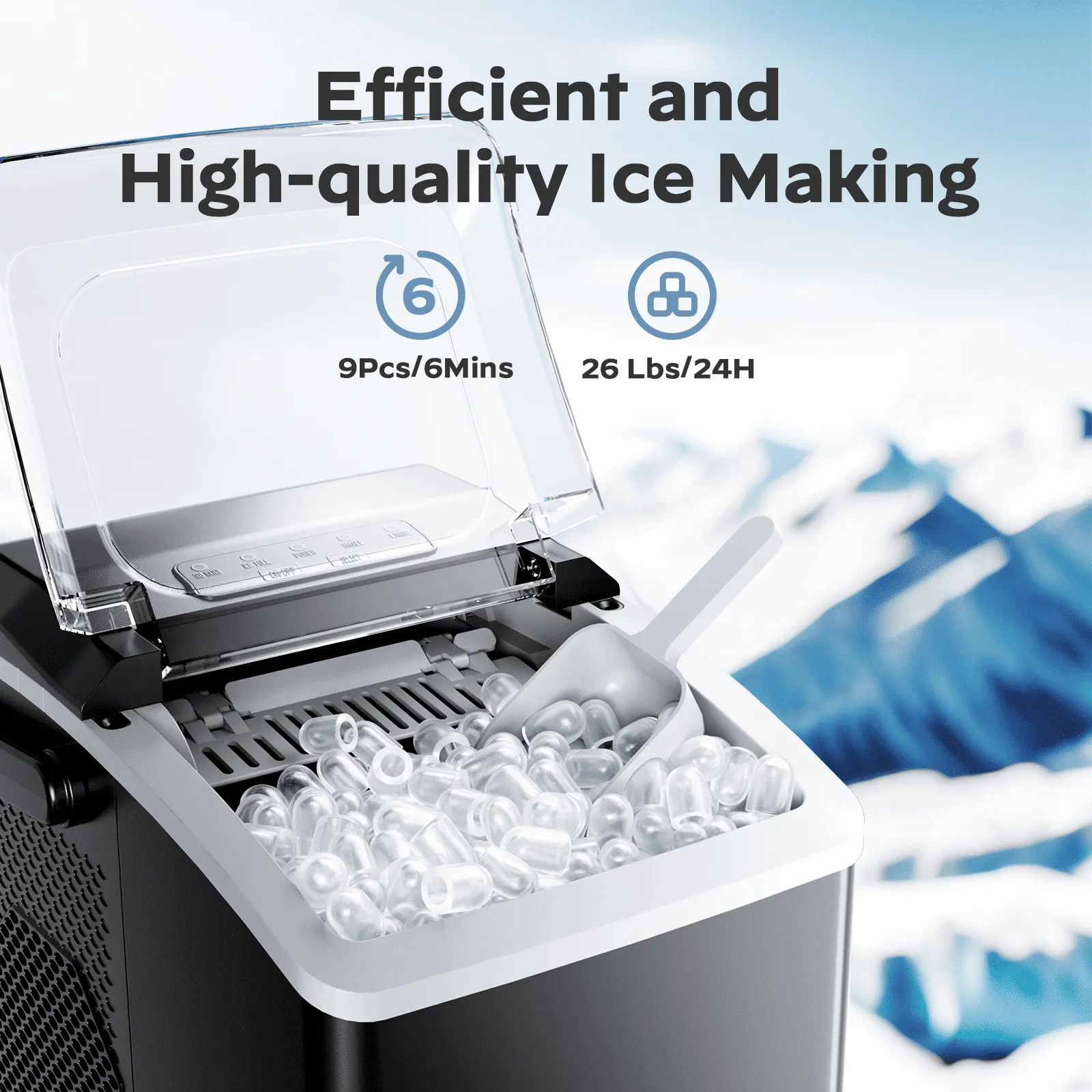 Philergo 24415 Countertop Ice Maker Machine - 9 Bullet Ice in 6 Mins, 26 Lbs/24 Hrs, Self-Cleaning, Portable for Home Kitchen Party, Black