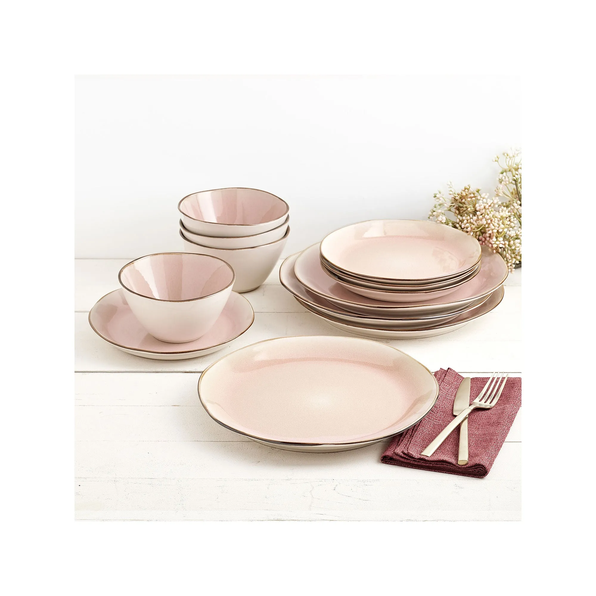 Tabletops Unlimited Bella Pink 12-Pc. Stoneware Dinnerware Set TTU-A1133-ECM - PINK ONE SIZE