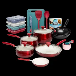 Tasty 24 Piece Non-Stick Aluminum Cookware Set, Red - Dishwasher Safe