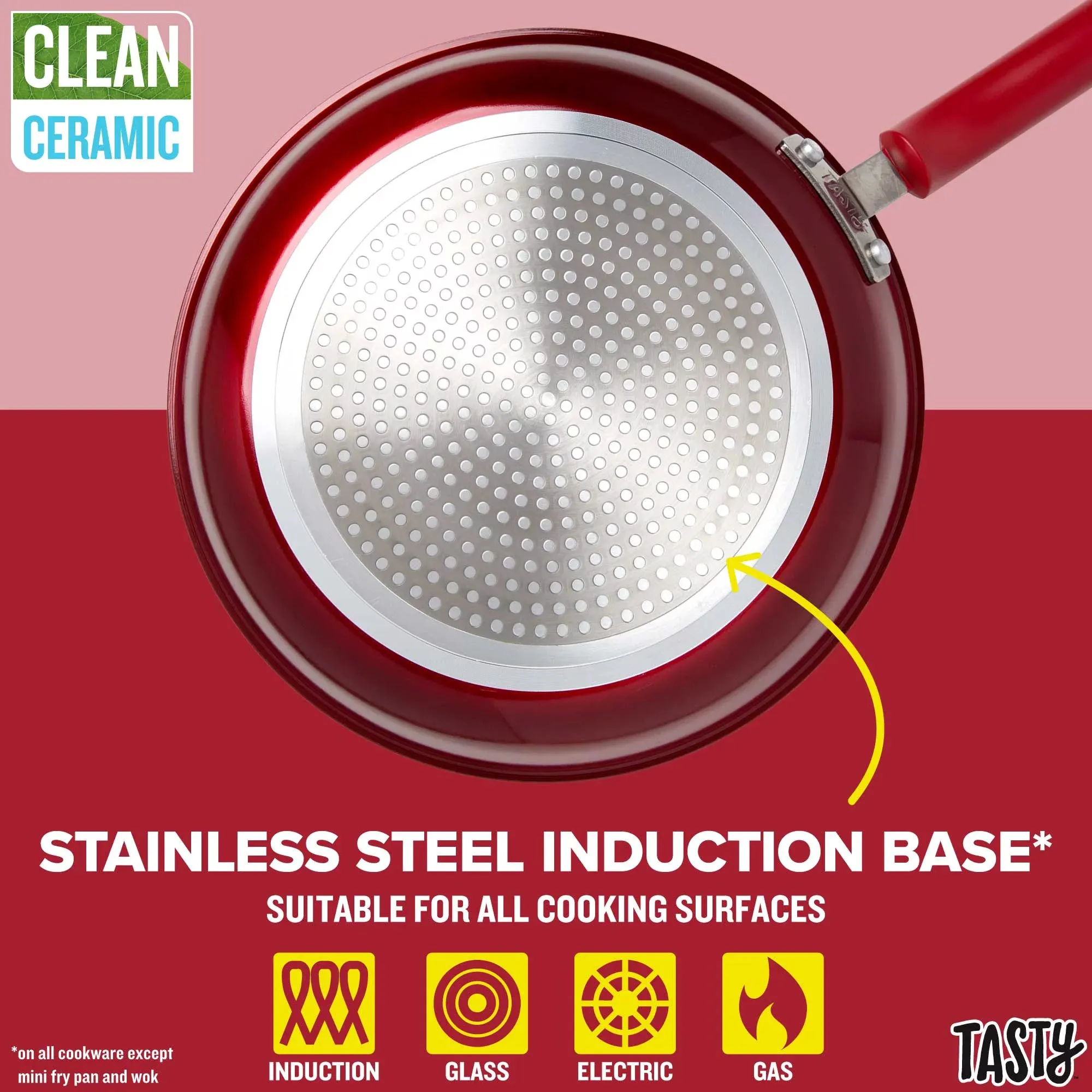 Tasty 24 Piece Non-Stick Aluminum Cookware Set, Red - Dishwasher Safe
