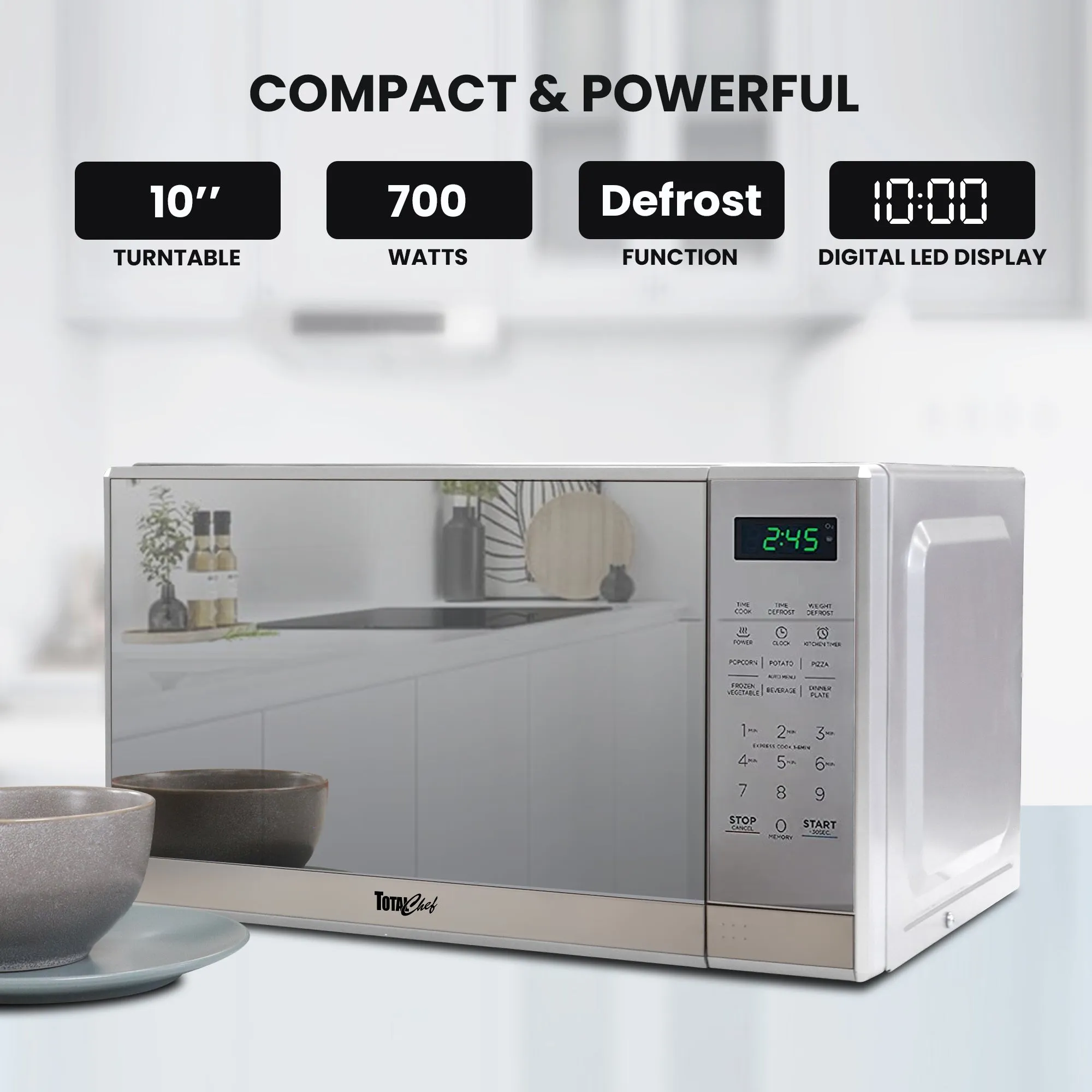 Total Chef Compact Countertop Microwave Oven, 700W, 0.7 Cubic Feet Capacity, Digital Touchscreen Controls, One-Touch Push-Button Opening, 6 Pre-Set Cooking Modes, Silver Stainless Steel