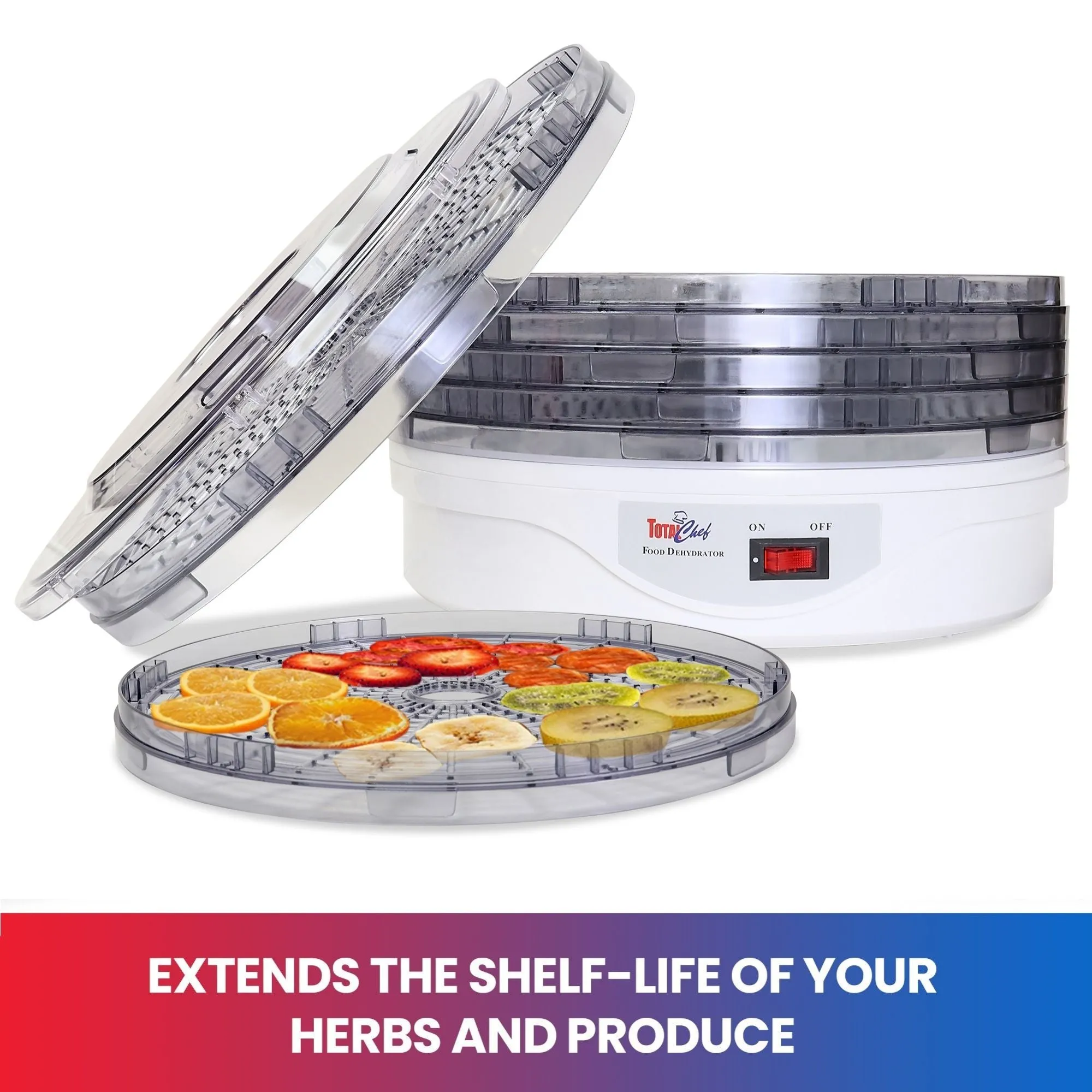 Total Chef Countertop Food Dehydrator, 5 Trays, Superior Air Flow Design, for Fruit Snacks, Jerky, Meat, Vegetables, Herbs, Dog Treats, Food Dryer Machine