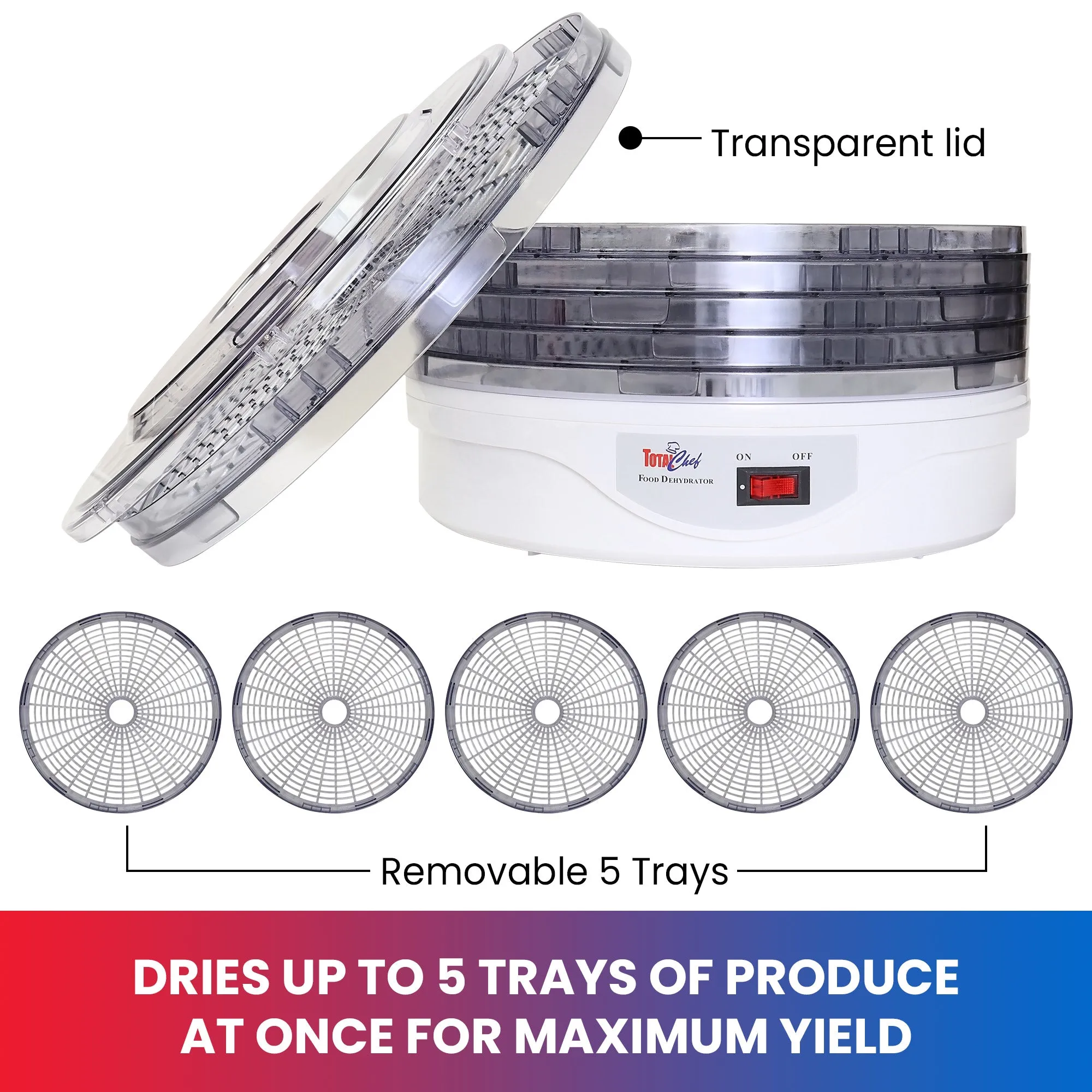 Total Chef Countertop Food Dehydrator, 5 Trays, Superior Air Flow Design, for Fruit Snacks, Jerky, Meat, Vegetables, Herbs, Dog Treats, Food Dryer Machine
