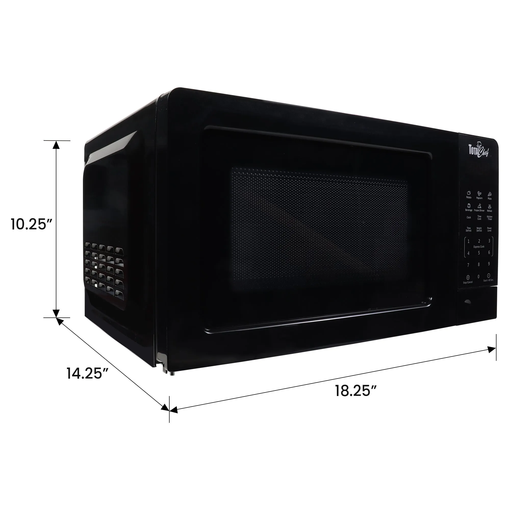 Total Chef Microwave Oven, 700W, 0.7 Cu. Ft., Black, Digital Touchscreen Controls, Child Safety Lock, 6 Pre-set Cooking Modes (Potato, Popcorn, Pizza, Beverages, Frozen Dinners, Reheat, Defrost)