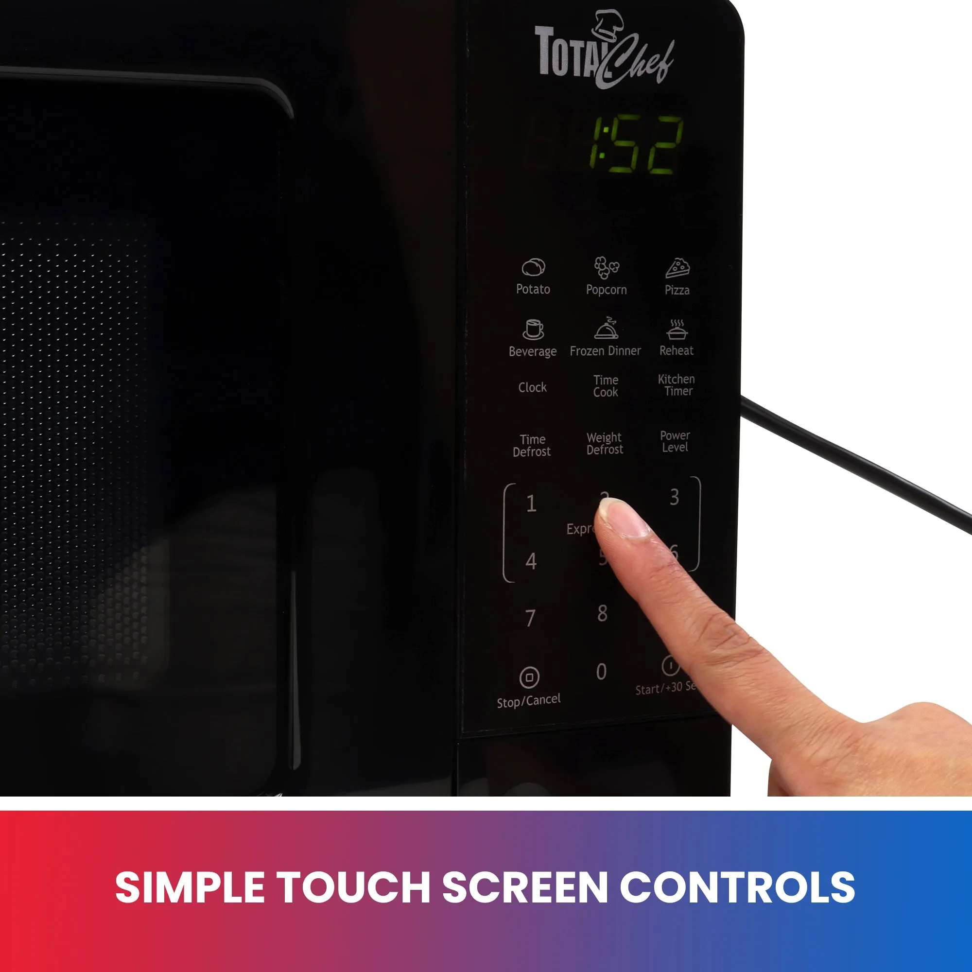 Total Chef Microwave Oven, 700W, 0.7 Cu. Ft., Black, Digital Touchscreen Controls, Child Safety Lock, 6 Pre-set Cooking Modes (Potato, Popcorn, Pizza, Beverages, Frozen Dinners, Reheat, Defrost)
