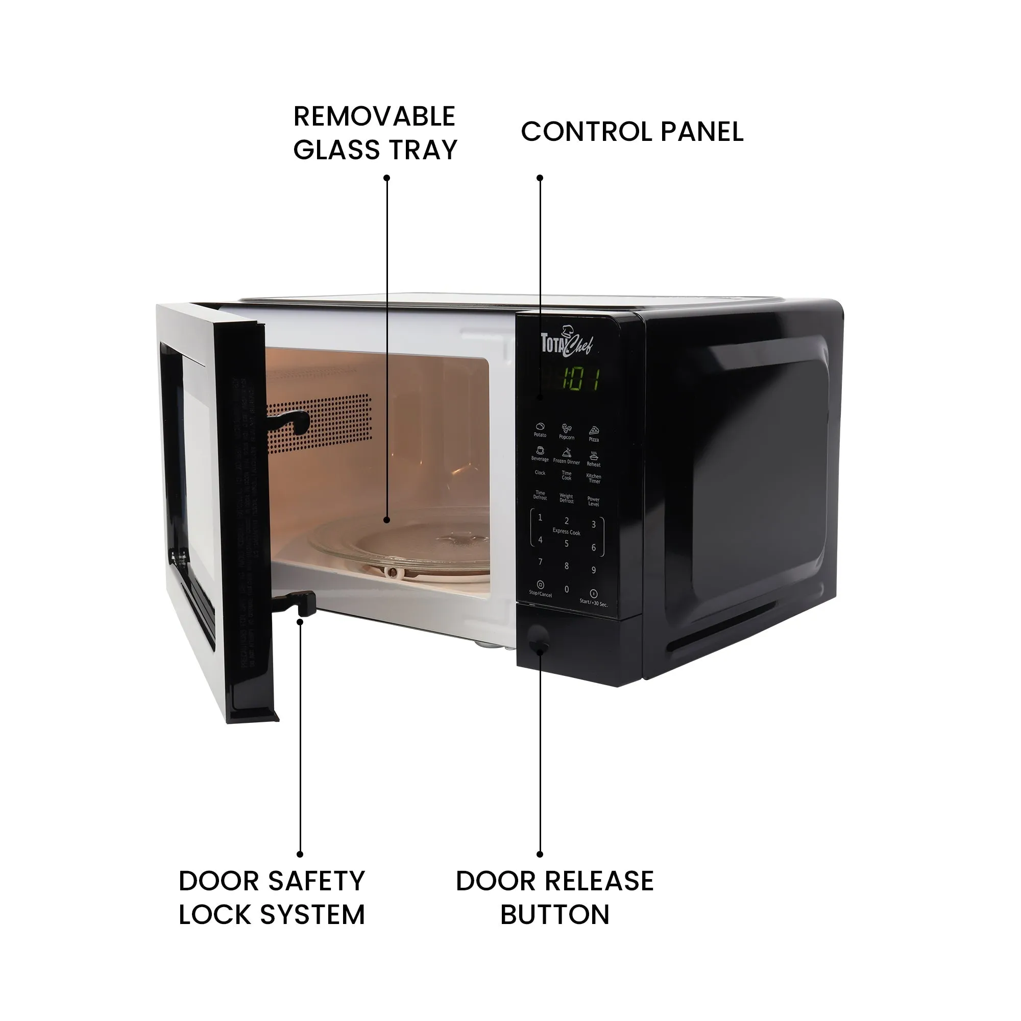 Total Chef Microwave Oven, 700W, 0.7 Cu. Ft., Black, Digital Touchscreen Controls, Child Safety Lock, 6 Pre-set Cooking Modes (Potato, Popcorn, Pizza, Beverages, Frozen Dinners, Reheat, Defrost)