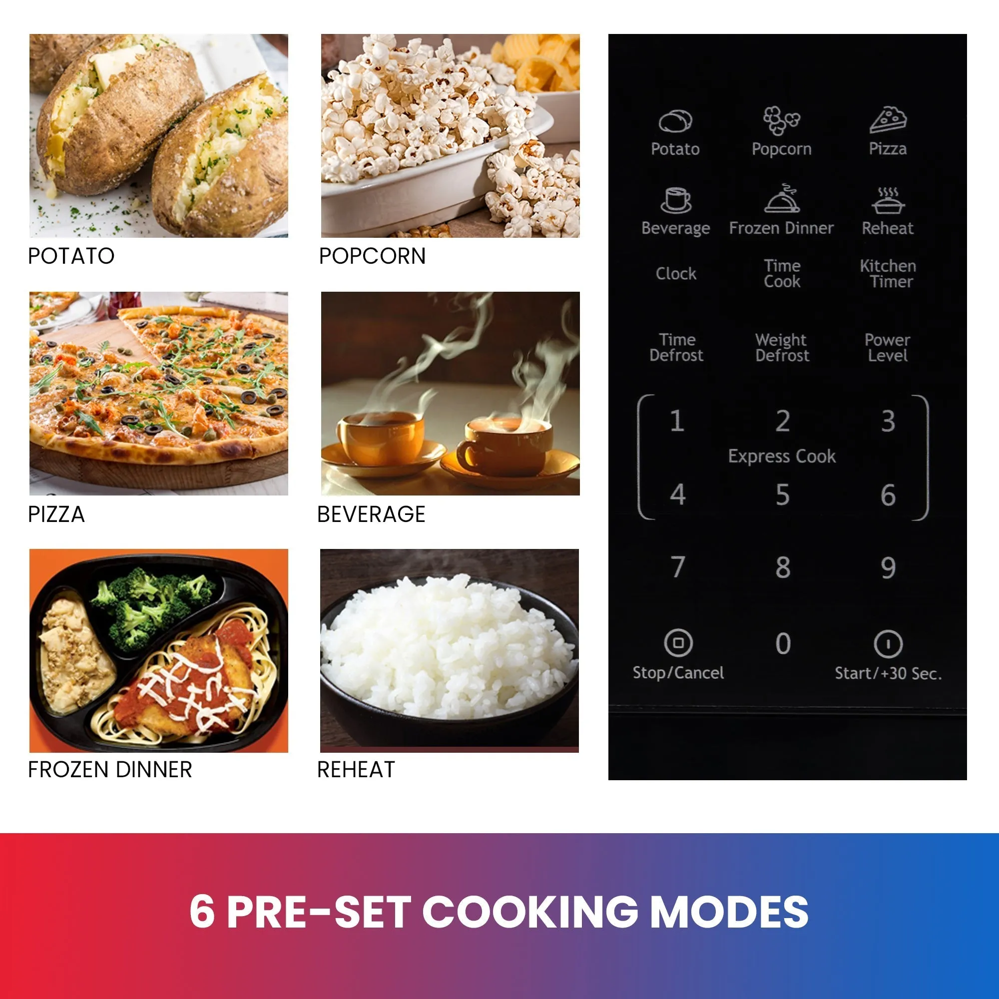 Total Chef Microwave Oven, 700W, 0.7 Cu. Ft., Black, Digital Touchscreen Controls, Child Safety Lock, 6 Pre-set Cooking Modes (Potato, Popcorn, Pizza, Beverages, Frozen Dinners, Reheat, Defrost)