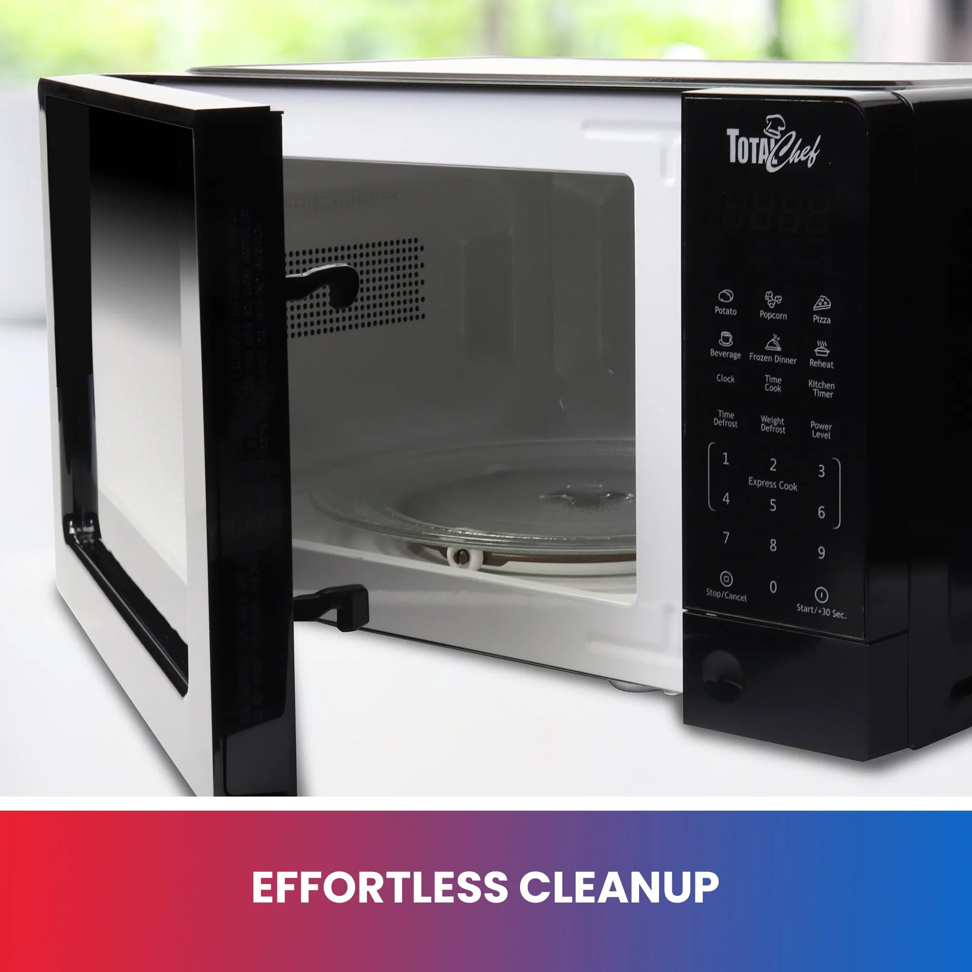 Total Chef Microwave Oven, 700W, 0.7 Cu. Ft., Black, Digital Touchscreen Controls, Child Safety Lock, 6 Pre-set Cooking Modes (Potato, Popcorn, Pizza, Beverages, Frozen Dinners, Reheat, Defrost)