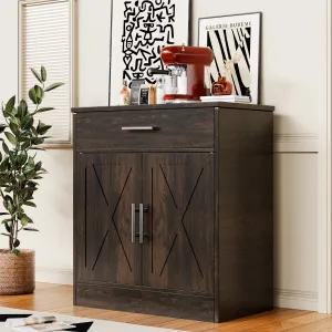 Walsunny SHX7340-BR Kitchen Buffet Sideboard Cabinet with Adjustable Shelf, 2 Doors and 1 Drawer, Modern Farmhouse Coffee Bar Cabinet, Brown